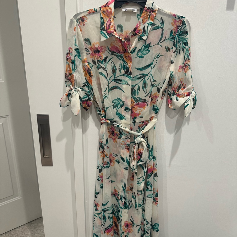 Calvin Klein Floral Sheer Coverup with Tie Waist